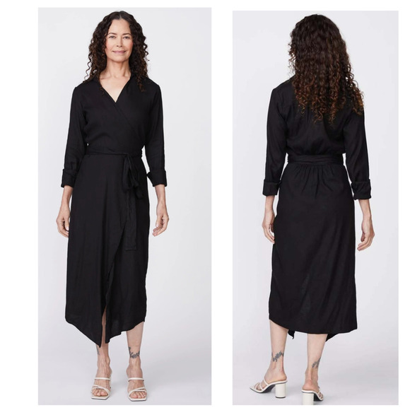 Monrow Black Linen Blend Tie True Wrap Long Sleeve Midi Dress, Size XS - Picture 1 of 12